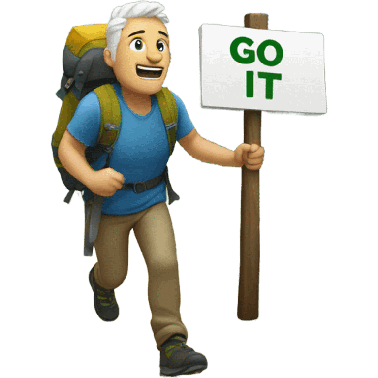 White man hiking mountain with sign that says “go for it!” emoji