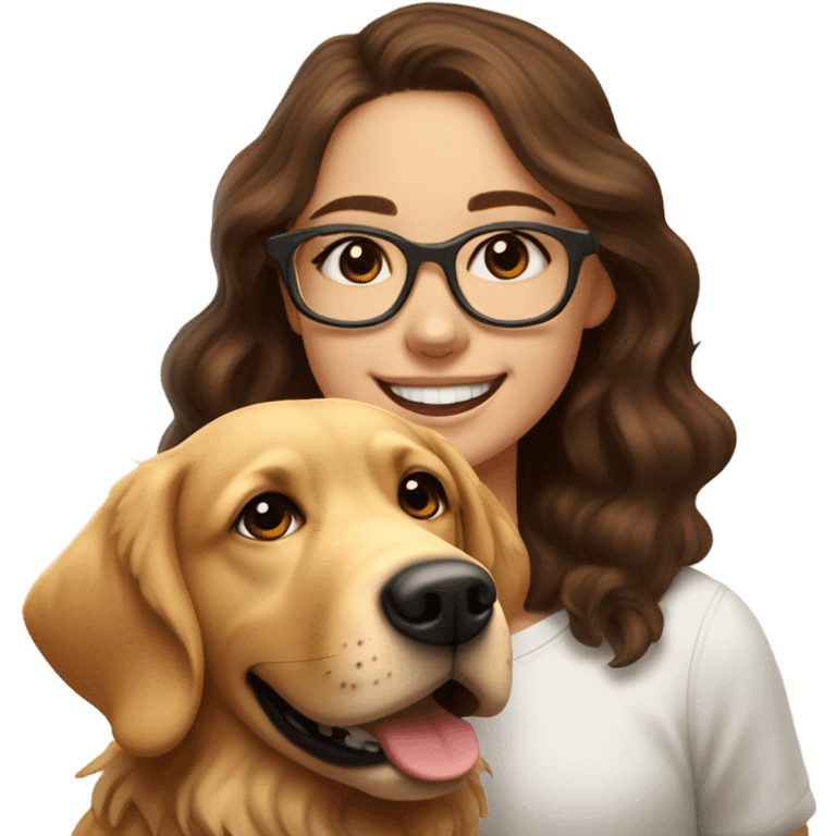 Smiling girl with long dark wavy brown hair and red glasses next to a small shaggy golden Labrador dog with brown eyes emoji