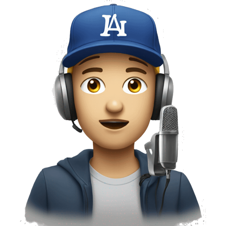 Young White Podcaster with baseball cap talking into microphone emoji