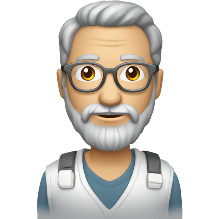 Homme âgé cheveux gris très courts barbe grise très courte lunettes rondes avec caméra en main emoji