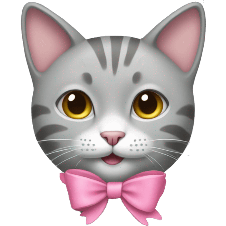 A light grey cat with a pink bow smiling emoji