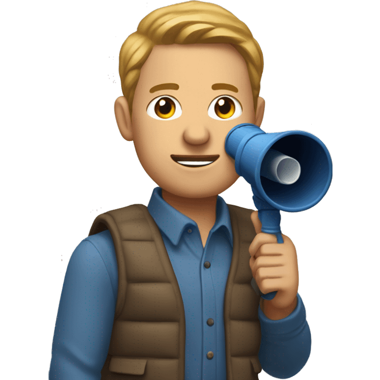 Finance bro with light brown short flow hair and puffer vest over blue shirt speaking into a megaphone emoji