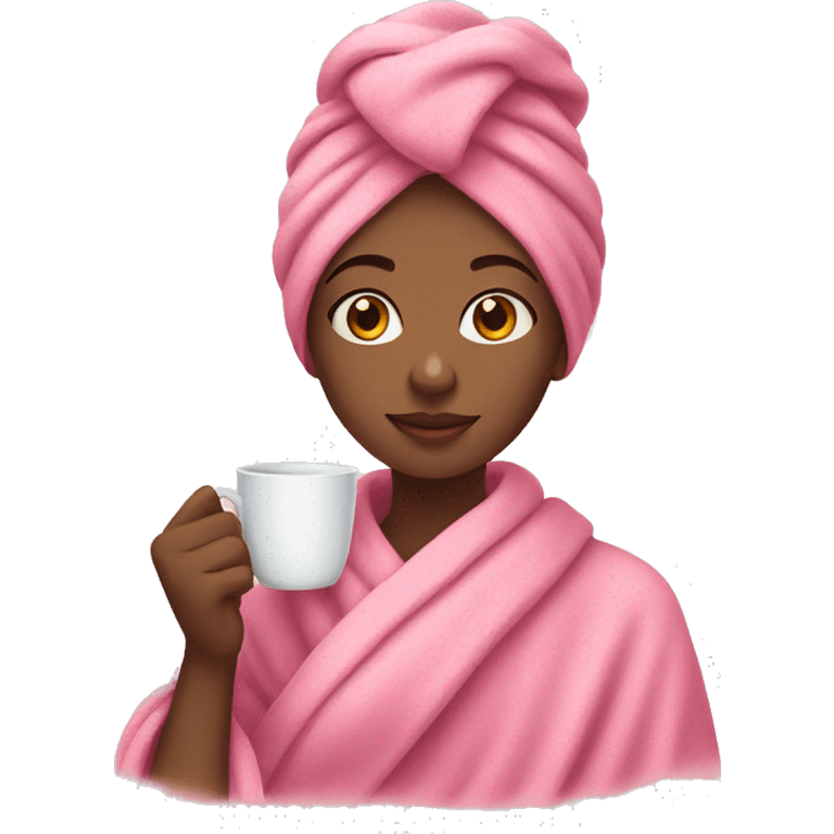 a girl in a pink towel with a mug of tea emoji