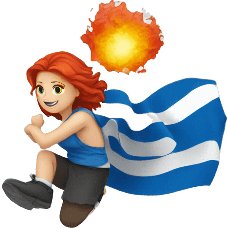 a red hair female  summitting ice peak with greek flag emoji