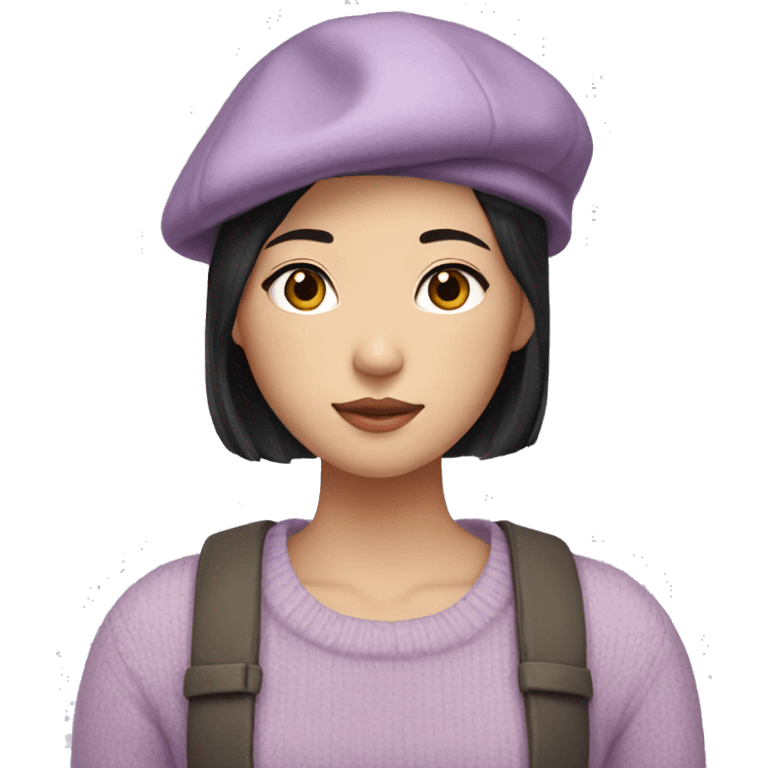 korean girl short black hair sharp jawline, attractive wearing a lilac sweater and beret emoji