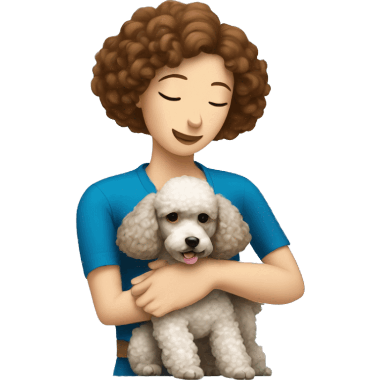 A poodle in an embrace with a brown-haired woman with a square emoji