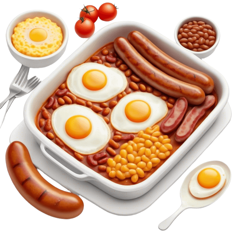 Cinematic Realistic English Breakfast Dish Emoji, showcasing a hearty ensemble of eggs, bacon, sausages, baked beans, and grilled tomatoes rendered with lifelike texture and vibrant, appetizing detail that exudes comforting tradition. emoji