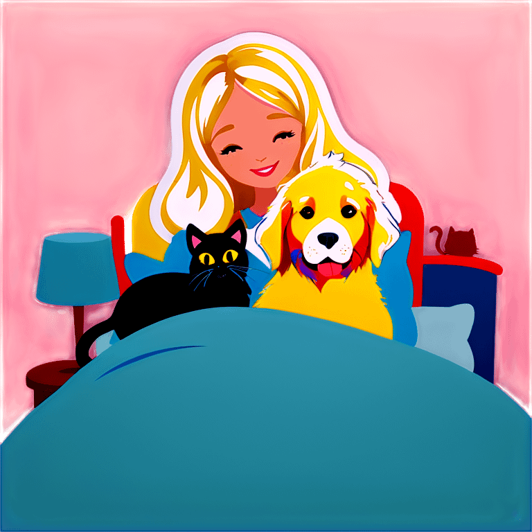 Blonde woman in bed with two cats and a golden retriever emoji