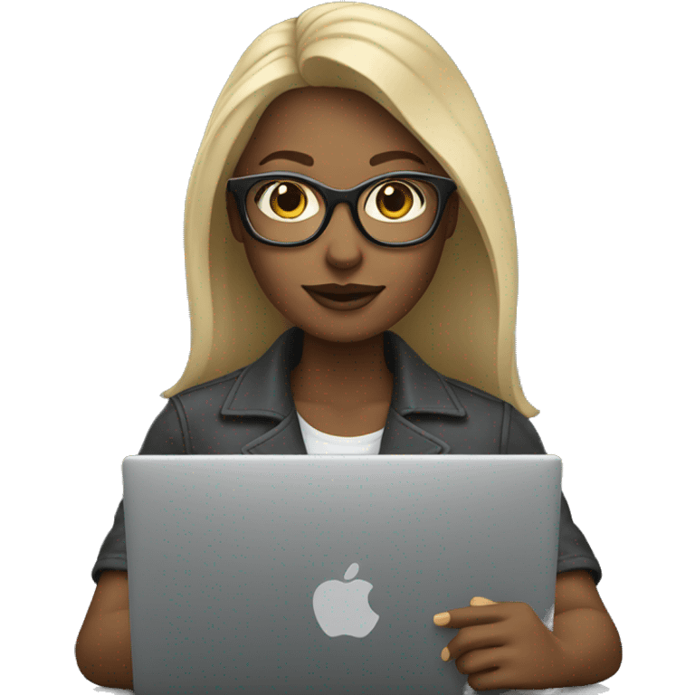 A dark blond woman with thick glasses usng a laptop with her grey cat emoji