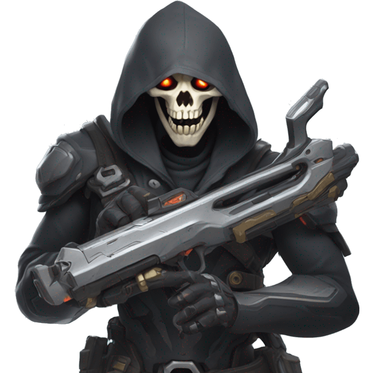 reaper from overwatch, holding his twin shotgun, shooting his ultimate move death blossom emoji