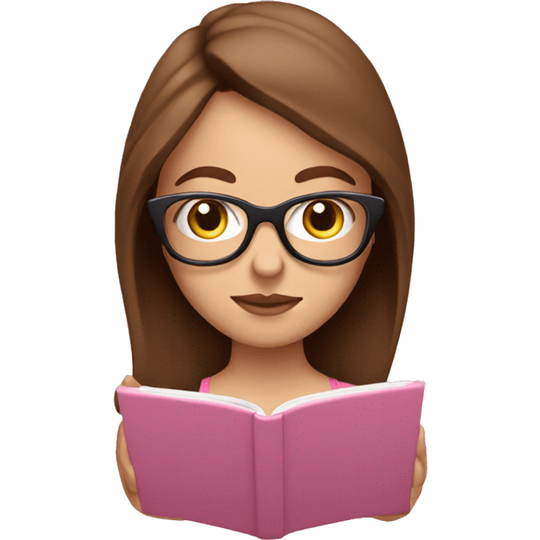 White girl with glasses and brown hair reading on a pink smart phone emoji