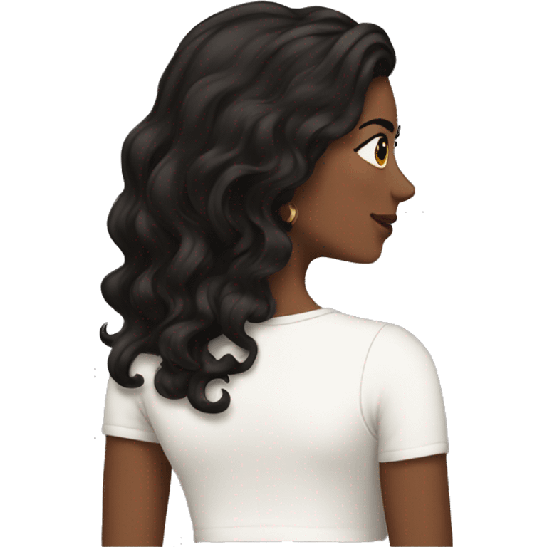 back side of a brown women, with black hair, a white crop top, wavy long hair emoji