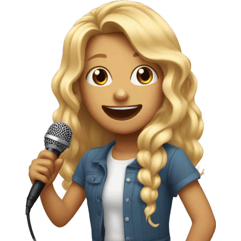 An emoji of a young girl with long blonde hair, holding a microphone and singing passionately, with a joyful expression on her face emoji