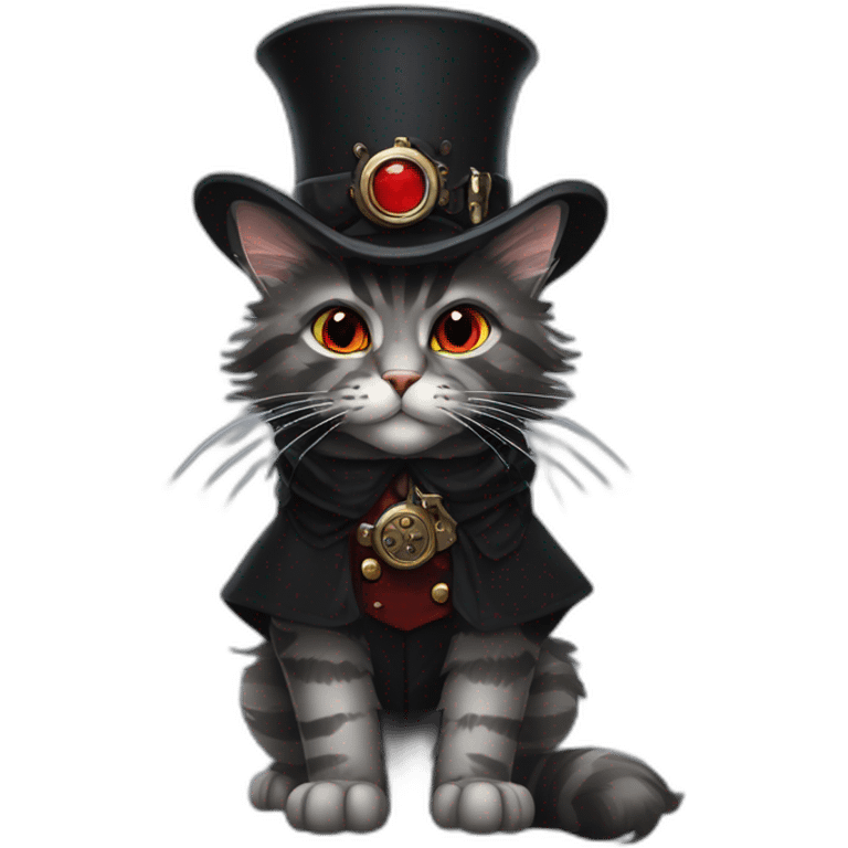 a dark grey tabby maine coon with red eyes wearing a black steampunk hat and a grey hunter cloak emoji