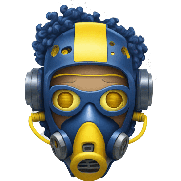 Dark Blue curly hair cyborg head with yellow respirator mask and circuitry emoji