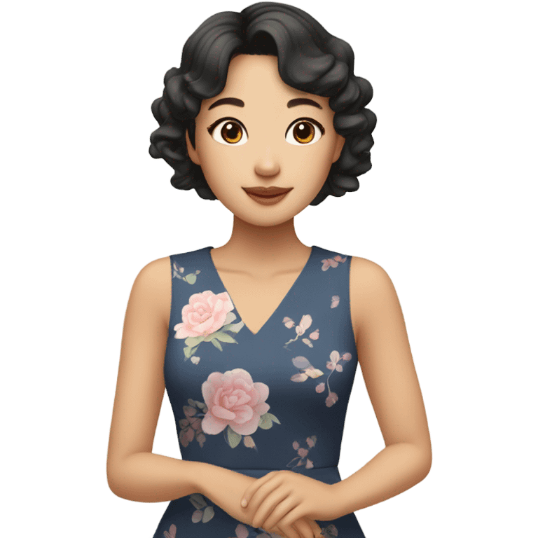 Asian girl with natural makeup,short wavy hair with side bangs in cute dress emoji