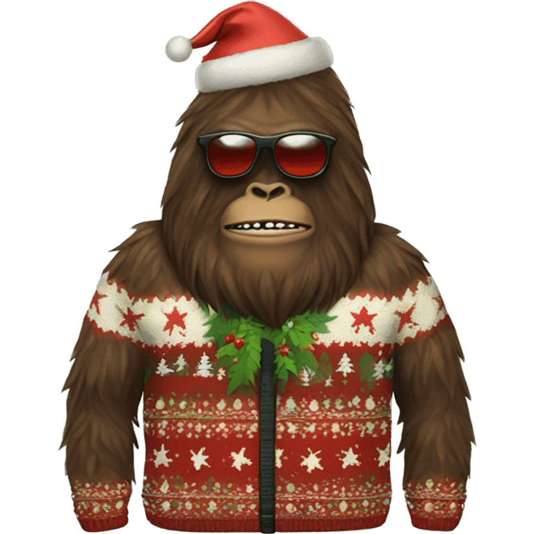 Sasquatch wearing sunglasses and an ugly christmas sweater emoji