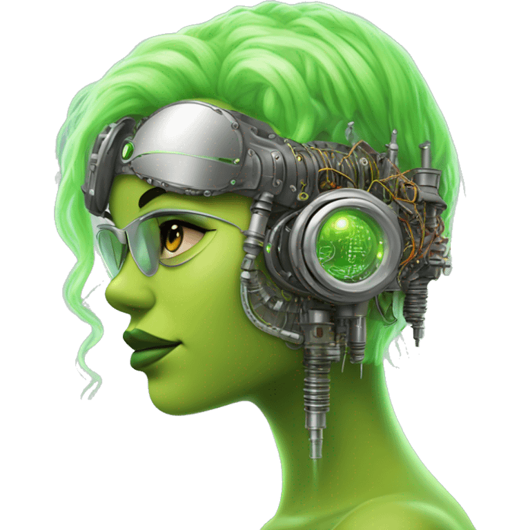 Neon green bobbed hair Latina female cyborg head with silver steampunk goggles and circuits emoji