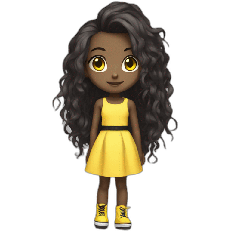 cute punk girl in yellow dress dark skin with yellow eyes and dark curvy hairs drummer anime style emoji