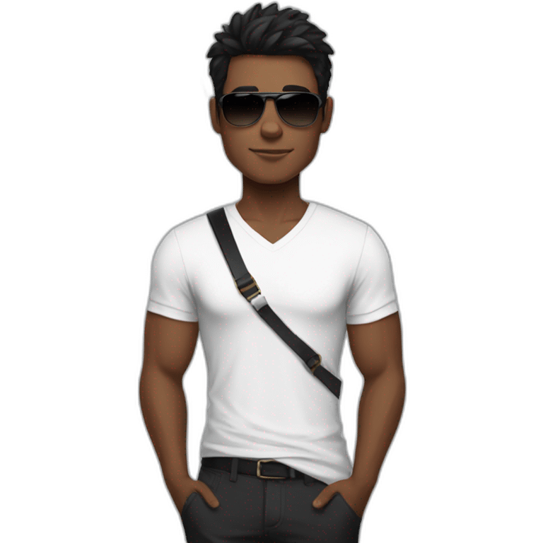 A Brown young fit man with a white shirt and sunglasses on his hair with black hair and a French flag in his hand emoji