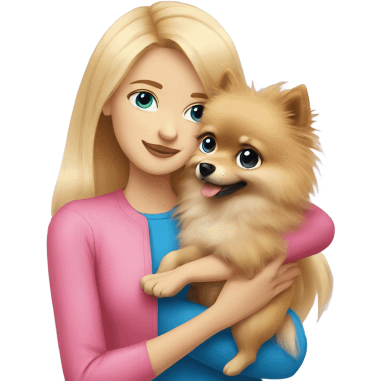 Blonde girl wearing pink with blue eyes hugging Pomeranian  emoji