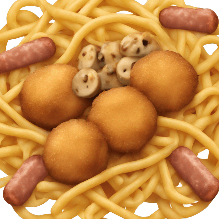 spaghetti with sausage, nuggets and mushrooms emoji