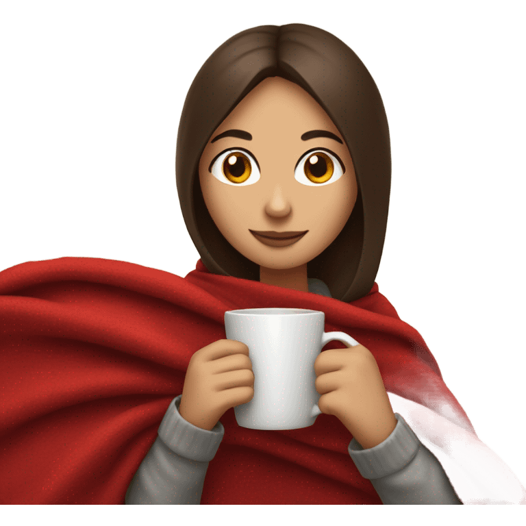 Brunette girl wrapped in red blanket sipping tea emoji