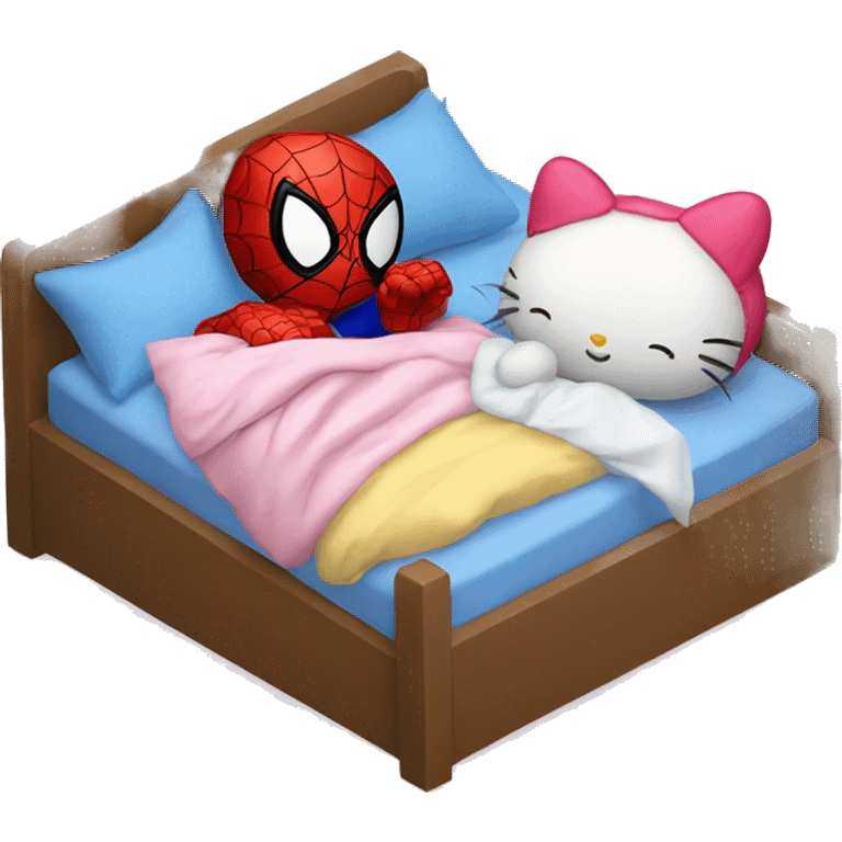 spiderman and hello kitty sleeping in bed together emoji