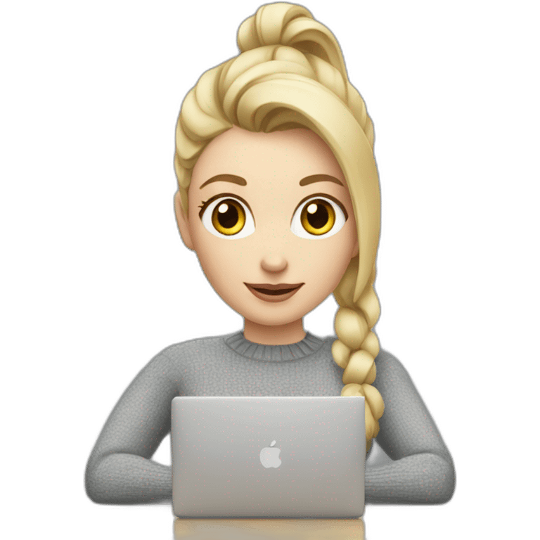 Woman with pale skin, short blonde ponytail and gray sweater sitting at table with Apple laptop emoji