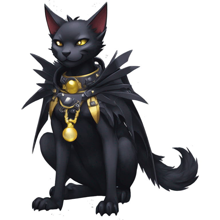 cool edgy beautiful pretty anthro godly legendary powerful colorful black shiny fantasy elegant nargacuga-bat-cat-Fakemon wearing a collar, techwear punk style, full body emoji