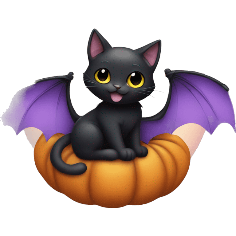 Cute black cat with bat wings sitting on a pumpkin holding a pastel Purple Heart emoji