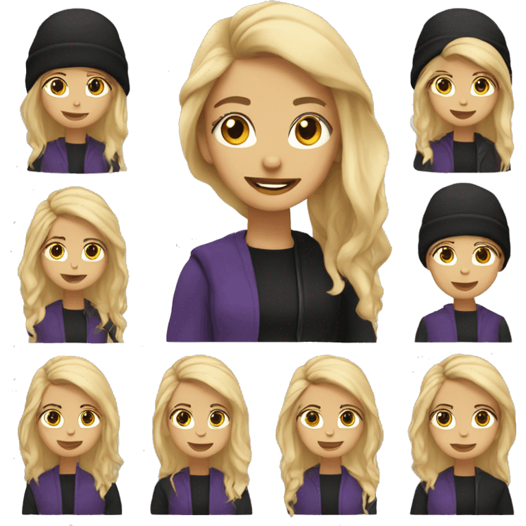 A woman, mid-length blonde hair, purple dye, black beanies, black jacket emoji