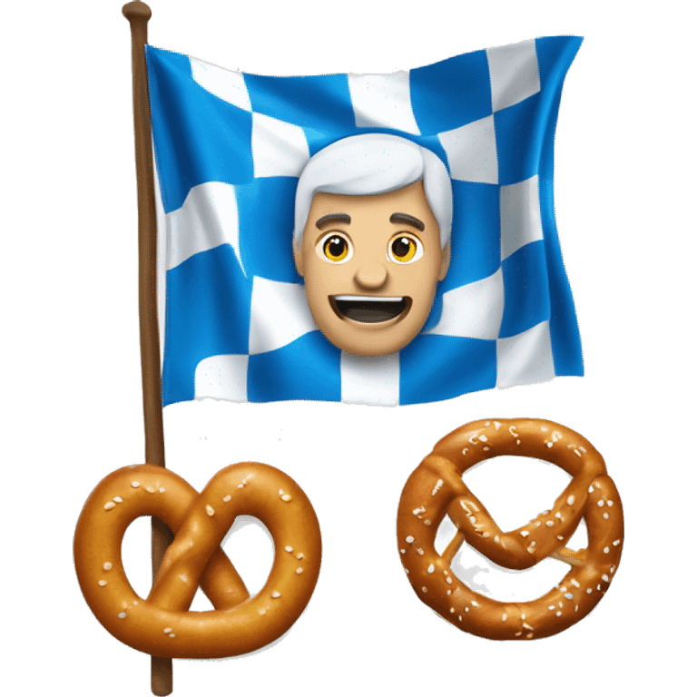 Create an emoji with a Bavarian Flag, blue and white colours, a "Lederhose" and a pretzel. emoji