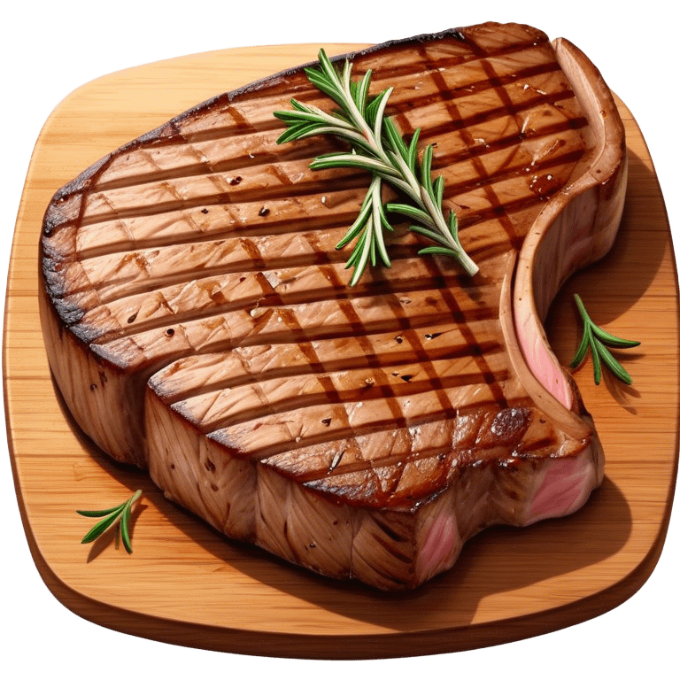 Cinematic thick-cut t-bone steak, perfectly seared with grill marks, a grilled center, rich and savory, warm glow, sizzling and mouthwatering, highly detailed and appetizing. emoji