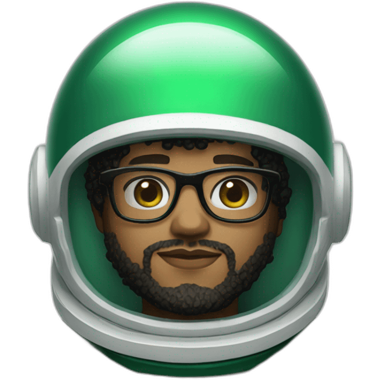 Light skin Man with black short curly hear and beard and black glasses wearing a green and white astronaut suit and helmet emoji