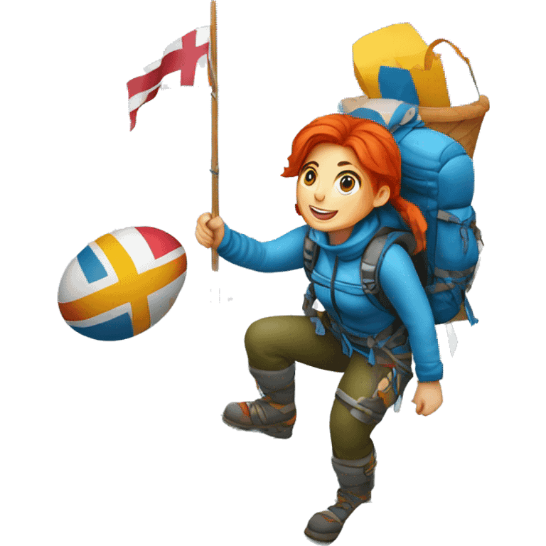 Female winter mountain climber red hair climbing with Greek flag on backpack and holding Easter eggs basket emoji