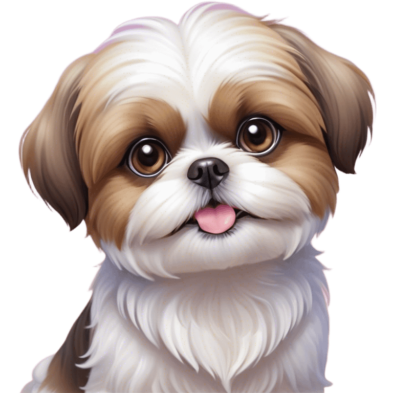 Cinematic Cute Shih Tzu Portrait Emoji, Head playfully tilted with large, sparkling eyes and a fluffy, endearing fur in gentle, pastel tones, simplified yet irresistibly charming, highly detailed, glowing with a warm, cuddly radiance, high shine, radiating affectionate and joyful energy, styled with a soft, playful outline, capturing the essence of a cute Shih Tzu that seems destined to charm everyone in its path! emoji