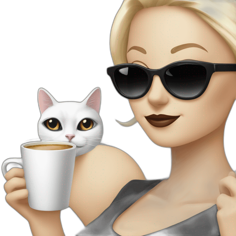 black and white cat with blonde woman drinking coffee and wearing sunglasses emoji