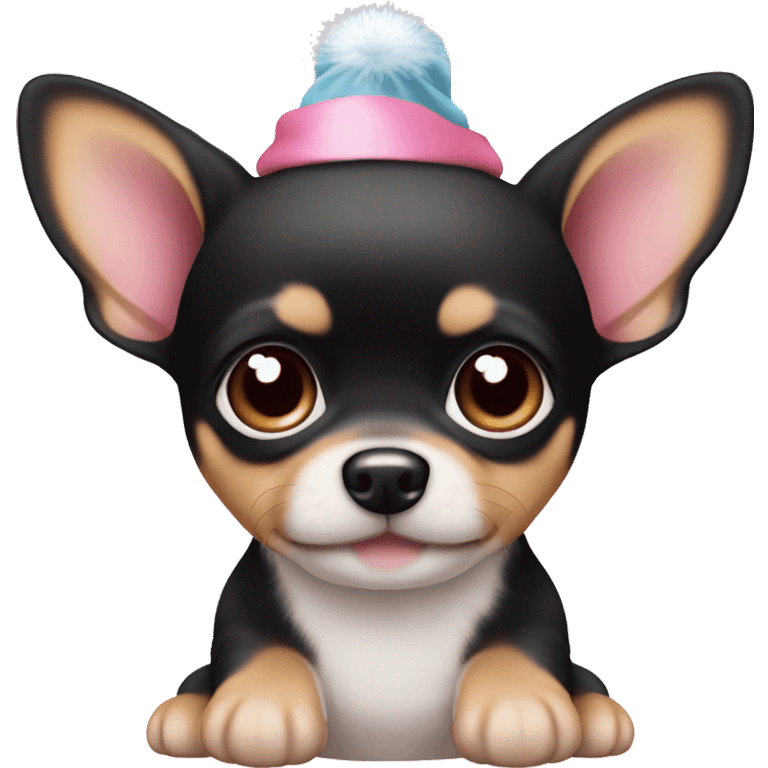 black & tan chihuahua puppy full body light blue eyes pink christmas hat on emoji