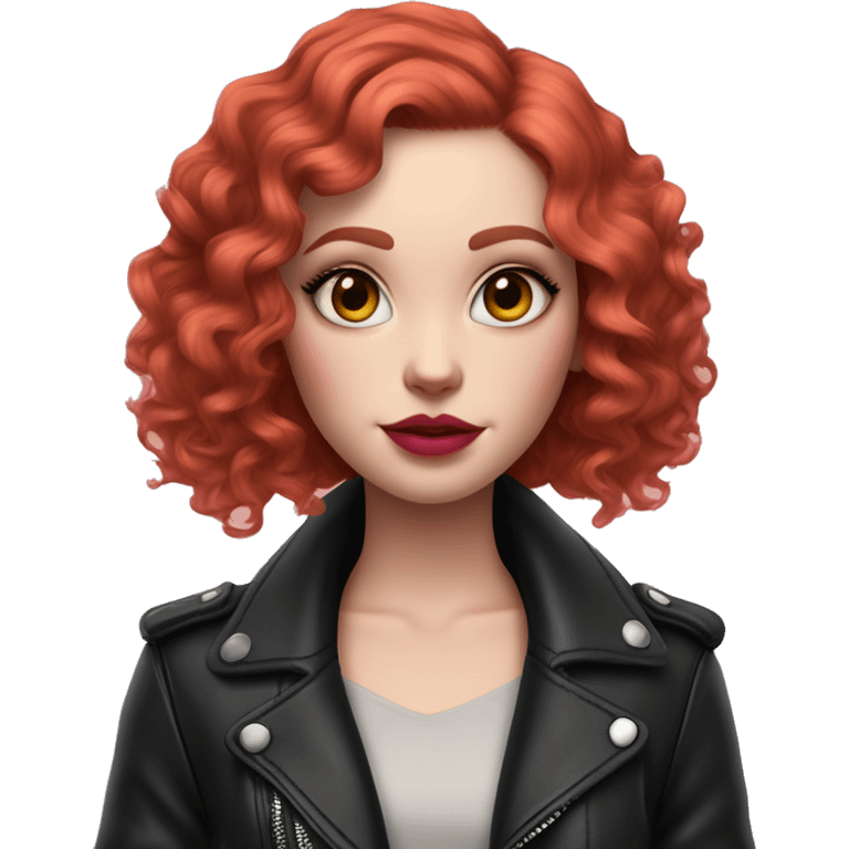 Girl with very pale skin, with bright red curly bob hair that is parted on the side, heavy eye makeup, cat eyeliner, long eyelashes, bright pink blush and bright pink lipstick.  Her eyebrows are dark, arched and very high. Wearing a leather jacket  emoji