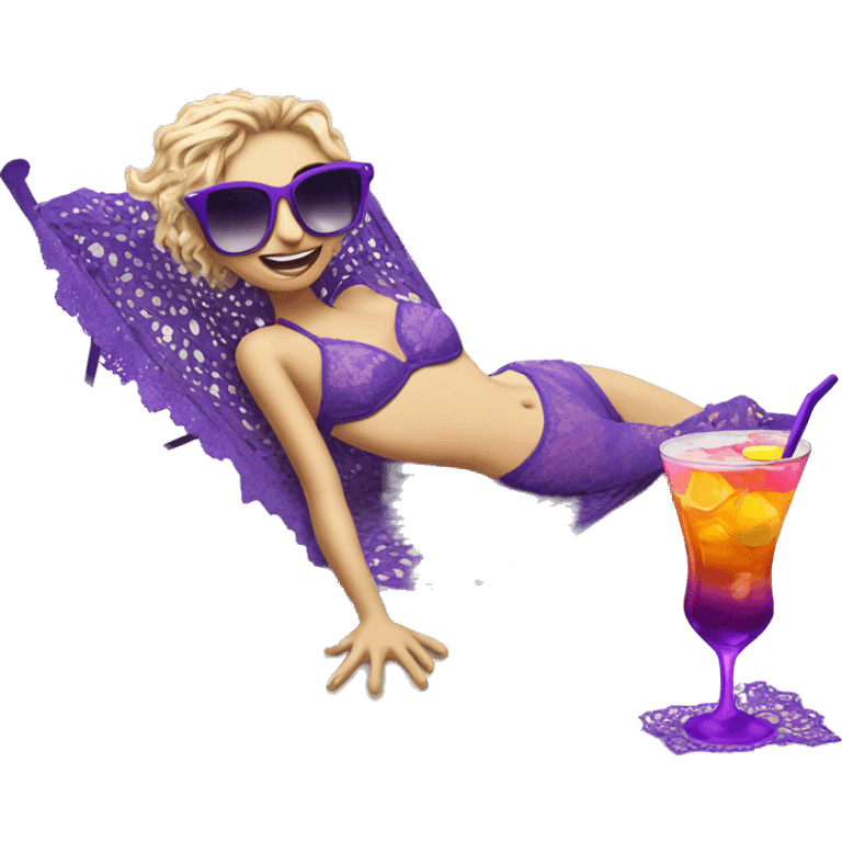 A sea lying on its side with a cocktail and sunglasses with a purple lace bra ok emoji