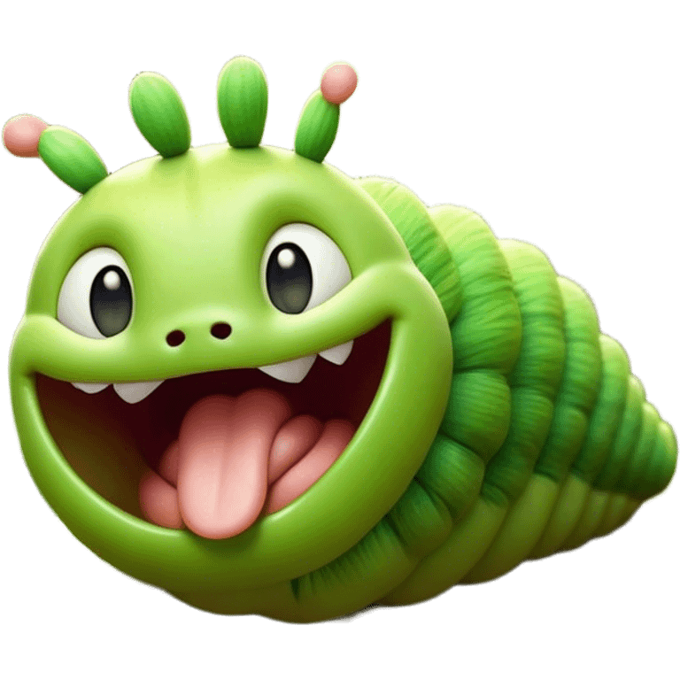 Cinematic Realistic Cute Yawning Caterpillar Portrait Emoji, Head tilted slightly with a dramatic, wide-open yawn, showcasing a soft, downy segmented body in vivid green with subtle drooping and half-closed, drowsy eyes, rendered with intricate natural texture and gentle shadows, high shine, relaxed yet expressive, styled with a dash of woodland charm, soft glowing outline, capturing the essence of a sleepy yet affectionate caterpillar that appears ready to stretch out and rest among the leaves! emoji