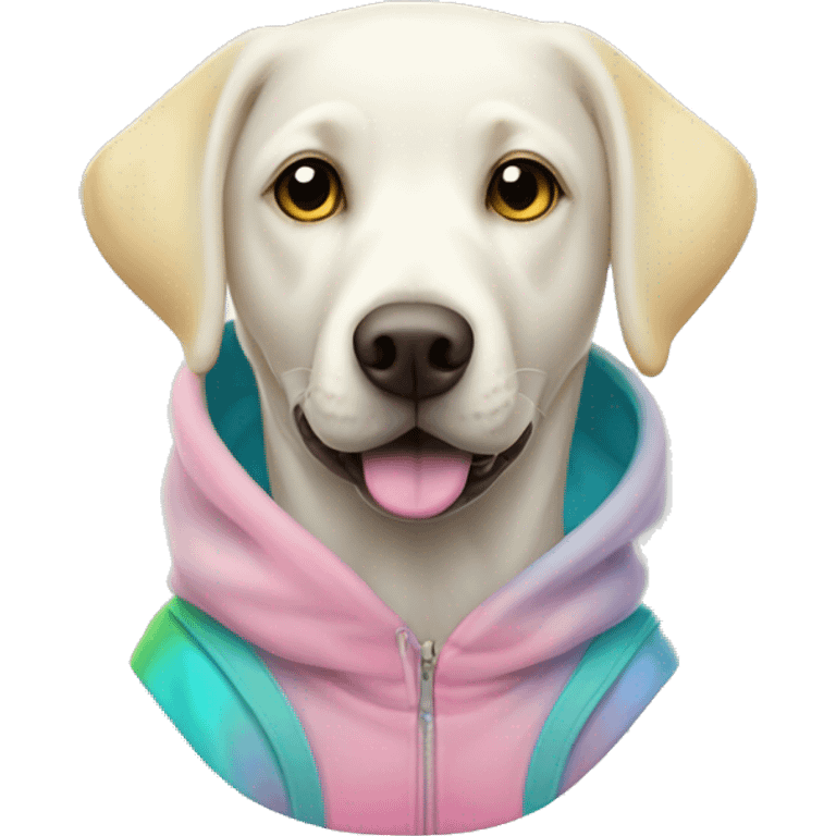 a very white labrador wearing a color dye hoodie with pink yellow light blue and green emoji