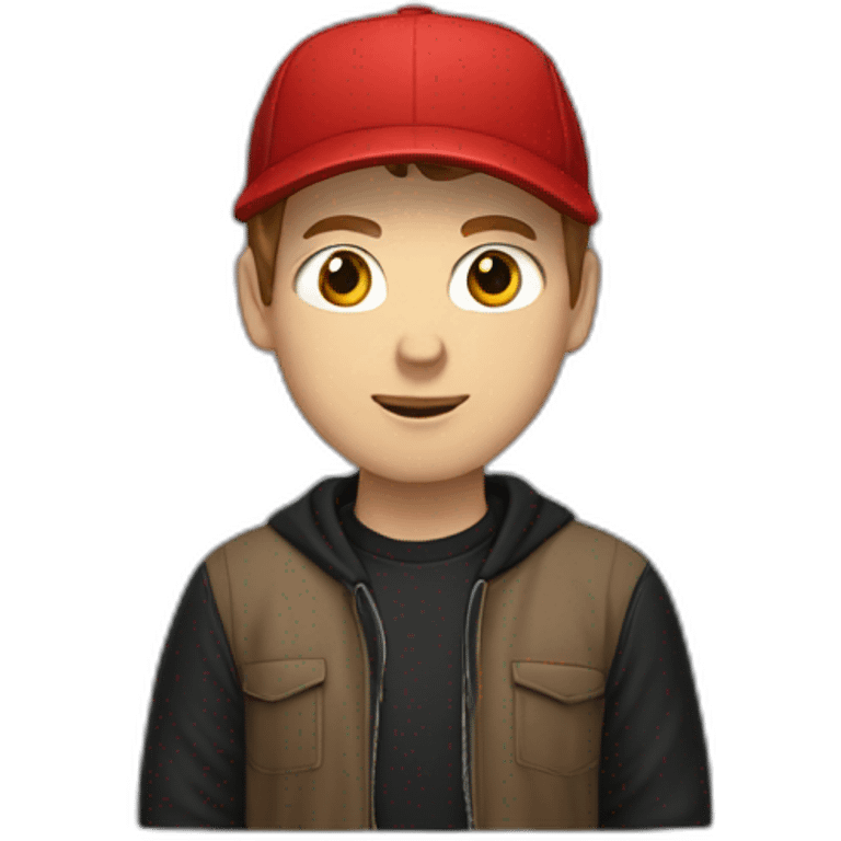 white guy with a red baseball cap reversed, brown hair, short hair, and a black hoodie,  emoji