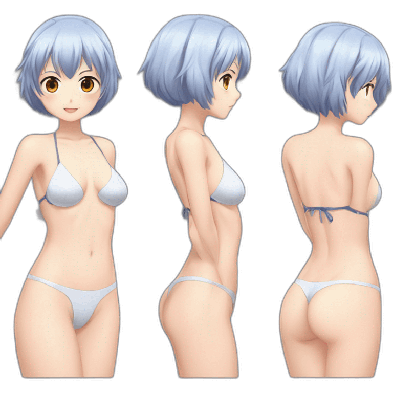 rei ayanami nue, full-body, short-hair, teen, back and front views, bikini emoji