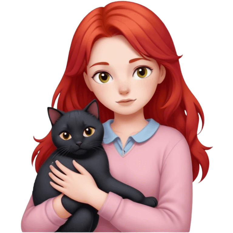 
a girl with red hair in pastel clothes hugs a black British cat emoji