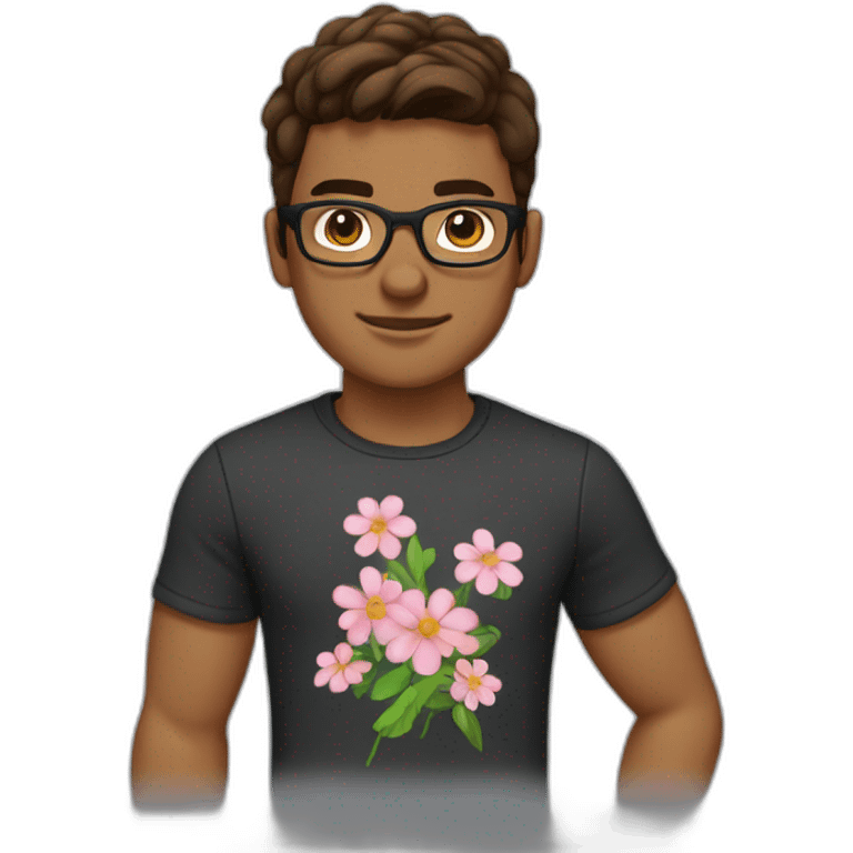 brown hair boxer hairstyle guy wearing glasses and dark t-shirt with flowers print emoji