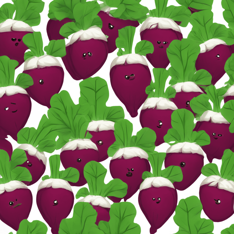 miling beetroot with big expressive eyes, rosy cheeks, and a green leaf on top. Simple and bright design with a cheerful and cartoonish style. emoji