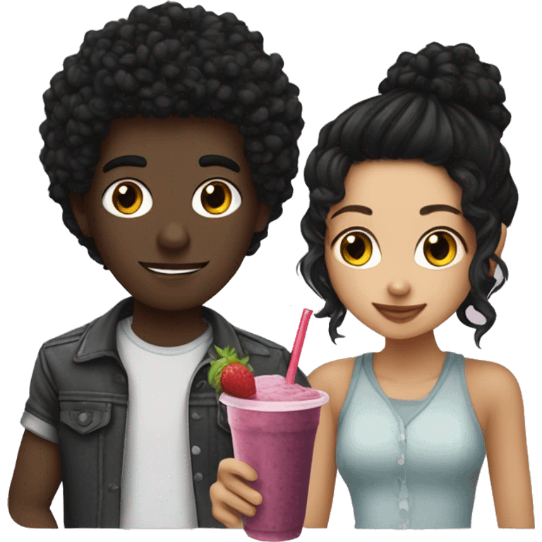 people having a date over a smoothie, the girl has curly hair and the boy emo black hair emoji