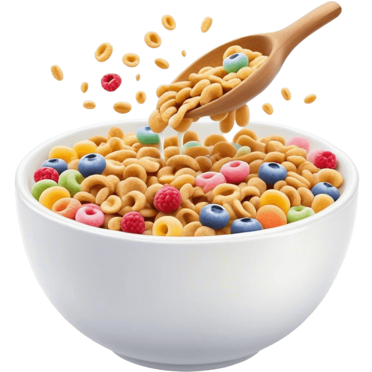 Cinematic crunchy cereal, vibrant and colorful, splashing into a bowl of cold milk, soft glowing background, dynamic movement, playful and inviting, nostalgic and fun. emoji